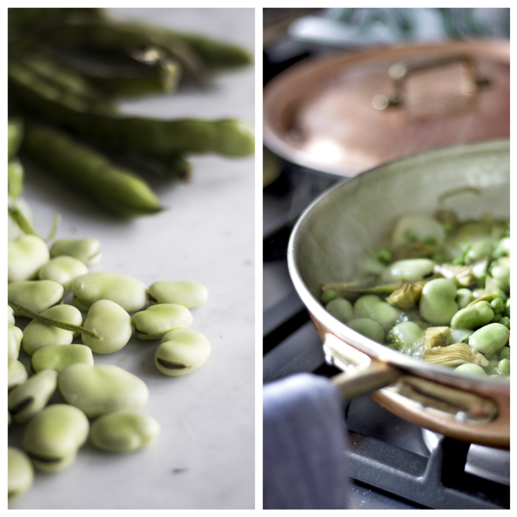 padella rame, fave, cipolla, tovagliolo, cucina